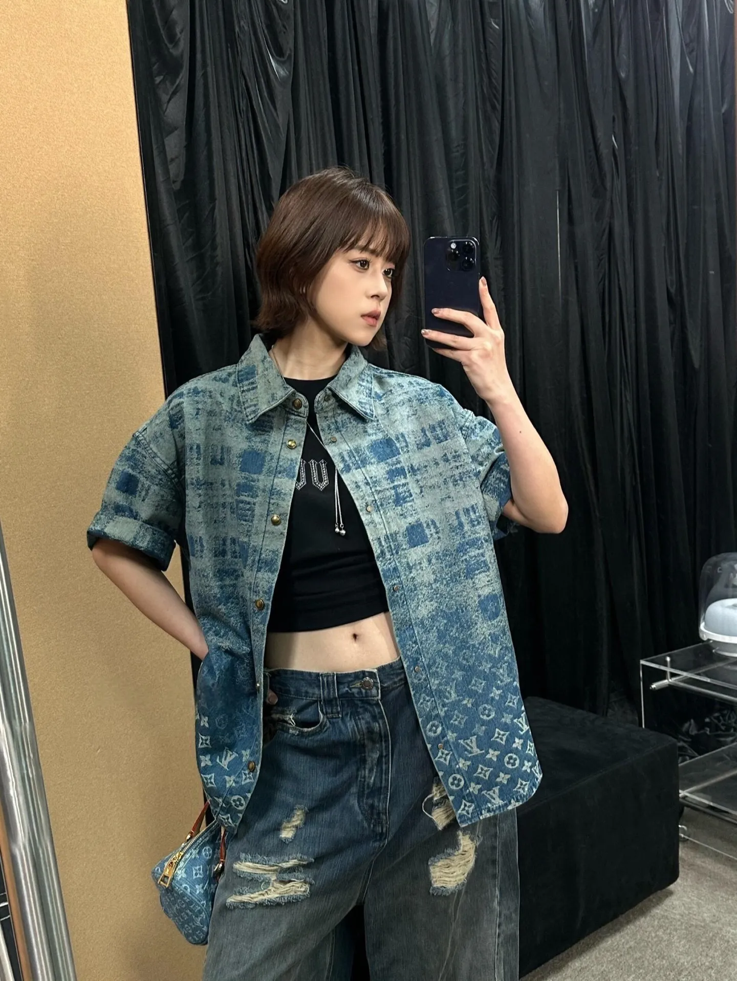 Louis Vuitton/Louis Vuitton presbyopic logo gradient denim short-sleeved shirt